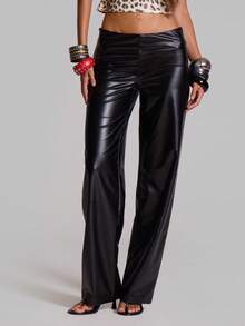 MUSERA Black PU Low Rise Flared Trouser Summer Autumn Going Out Festival Cool Girl Furiosa - Black - View 2