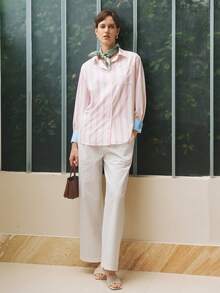 INAWLY Kemeja Lengan Panjang Wanita Kasual Motif Garis-garis dengan Saku, Cocok untuk Kerja, Perjalanan, Liburan, Musim Semi/Gugur - Aprikot - View 5