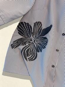 SHEIN Clasi 大码休闲通勤花卉条纹印花衬衫 - 黑色 - 查看 4