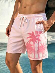 Manfinity Swimmode 加大码男士热带棕榈树印花抽绳腰侧口袋沙滩短裤，夏季 - 粉色 - 查看 7