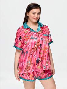 Bonmuse Young Vibrant Fun Tiger Butterfly Lightning Cat Wave Stripe Print Lapel Open Front Satin Plus Size Women's Pajama Set - Multicolor - View 8