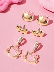 HELLO KITTY AND FRIENDS | SHEIN 3對金色調鋅合金耳釘耳環套組，可愛百搭日常佩戴 - 彩色 - 查看 8