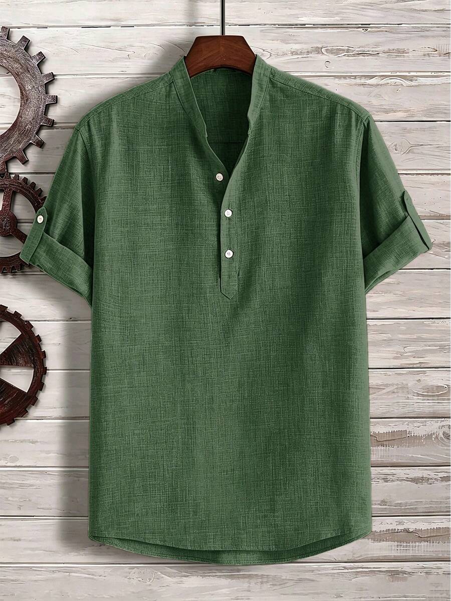 Manfinity Homme Loose Fit Men Half Button Roll Up Sleeve Shirt - Green - View 1