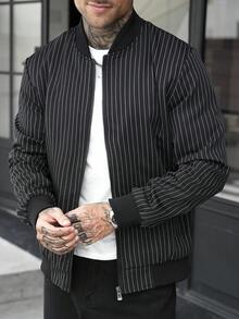 Manfinity CasualCool 男士條紋棒球領拉鍊休閒日常長袖夾克 - 黑色 - 查看 5