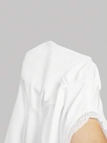 SHEIN MOD 女款時尚優雅蕾絲飾邊燈籠袖白色荷葉邊收腰上衣，秋季，優雅，時髦，復古，法式浪漫風 - 白色 - 查看 6