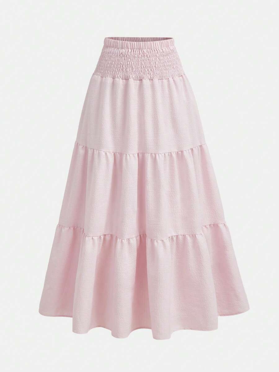 Girlism Teen Girl White,Ruffle Skirt Boho Long Skirt Break Paperbag Waist Frill Trim Ruffle Hem Skirt - Baby Pink - View 1