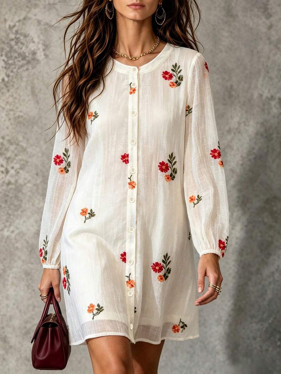 SHEIN Autumn‑Winter 3D Floral Embroidered Loose‑Fit Dress, Crinkled Fabric, Daily Commuter, Boho‑Chic Style - Beige - View 1