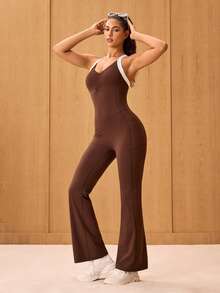 OutZeal Women Sports Jumpsuit Casual Yoga Gym Cool Touch UV Protection Bra-In With Removable Pads Crossover Back Flared Leg One-Piece Summer Spring - Brown - View 8