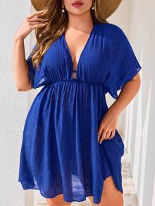 Swim Lushoire Summer Beach Daily Basic Solid Color Plus Size Cover-Up - Royal Blue - View 7