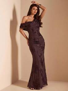 SHEIN BAE Women's Elegant One-Shoulder Floral Print Mermaid Hem Long Dress Summer - Brown - View 4