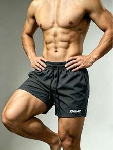 Coreblaze Men's Letter Print Drawstring Waist Double Layer Sports Shorts - Dark Grey - View 7