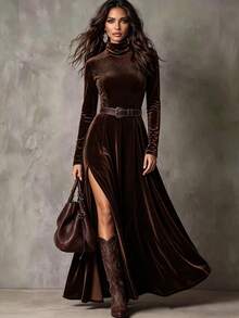 LUMIGAL Women's Round Neck Cinched Waist Split Hem Brown Faux Suede Bohemian Dress, Elegant Commuter Style For Spring And Autumn - Brown - View 3