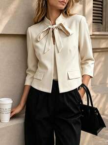 SHEIN Women's Spring/Autumn Fashion Minimalist Elegant Solid Color Tie-Up Mid-Sleeve Faux Pocket Jacket, Long Sleeve Jacket, Minimalist Jacket, Commuter Jacket, Suitable For Daily Commute Wear, Fashionable And Elegant - Khaki - View 1