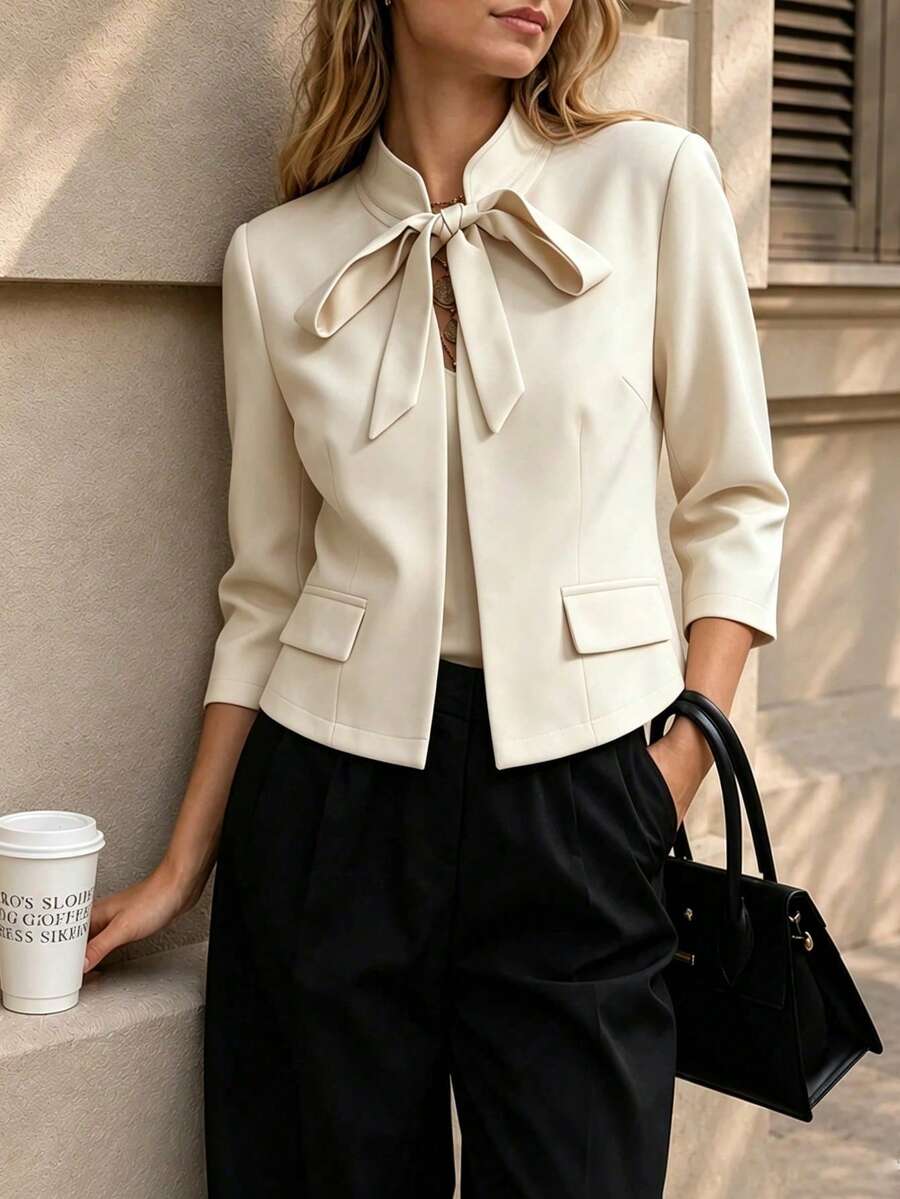 SHEIN Women's Spring/Autumn Fashion Minimalist Elegant Solid Color Tie-Up Mid-Sleeve Faux Pocket Jacket, Long Sleeve Jacket, Minimalist Jacket, Commuter Jacket, Suitable For Daily Commute Wear, Fashionable And Elegant - Khaki - View 1