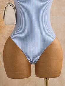Sunnyshic Spring/Summer New Women's One-Piece Ruffle Beach Vacation Swimsuit - Blue - View 6