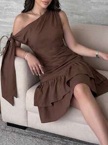 Modelyn Women's Solid Color Twist Shoulder Design Ruffle Hem Short Dress,Dresses For Women Summer - Burgundy - View 8