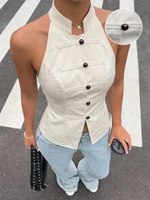 Muchica Women's Solid Color Casual Versatile Daily Wear Halter Neck Top - Beige - View 1
