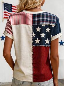 EMERY ROSE Women's Retro American Flag Print Patchwork T-Shirt - Multicolor - View 2