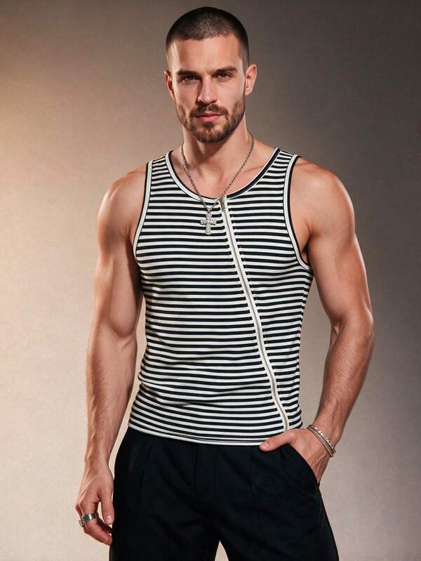 ZURIURI Men's Y2K Baddie Style Black & White Striped Zipper Ribbed Slim Fit Tank Top