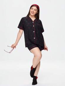 Bonmuse 2件組女款大尺碼舒適櫻桃印花短袖領口上衣與短褲睡衣套裝，春夏款 - 黑色 - 查看 8