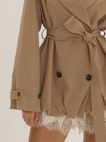 MUSEYN Tan Caramel Woven Puff Ball Hem Belted Shoulder Pad Trench Coat Structured Tailored Polished Everyday Office Fall New Season Capsule Wardrobe - Brown - View 6