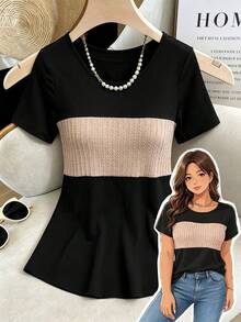 SHEIN LUNE CURVE 大尺碼女款復古休閒優雅拼接粗繩紋理圓領不對稱T恤上衣，適合日常穿著、日常通勤、休閒娛樂聚會、居家放鬆穿著 - 黑色 - 查看 6