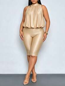 SOLERSUN Plus-Size Women's Elegant Sexy Backless Knee Length Romper, Perfect For Commuting Party Vacation, Casual, And Beach Vacation Beige Summer - Khaki - View 2