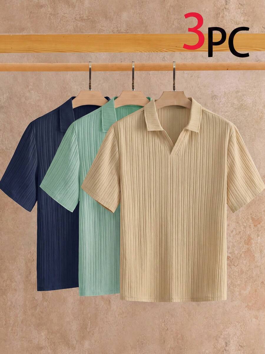 HIMLAND 男士紋理針織 Polo 衫 短袖 V 領翻領 羅紋 寬鬆休閒夏季上衣 輕盈透氣 冰絲觸感 日常穿搭款 - 彩色 - 查看 1
