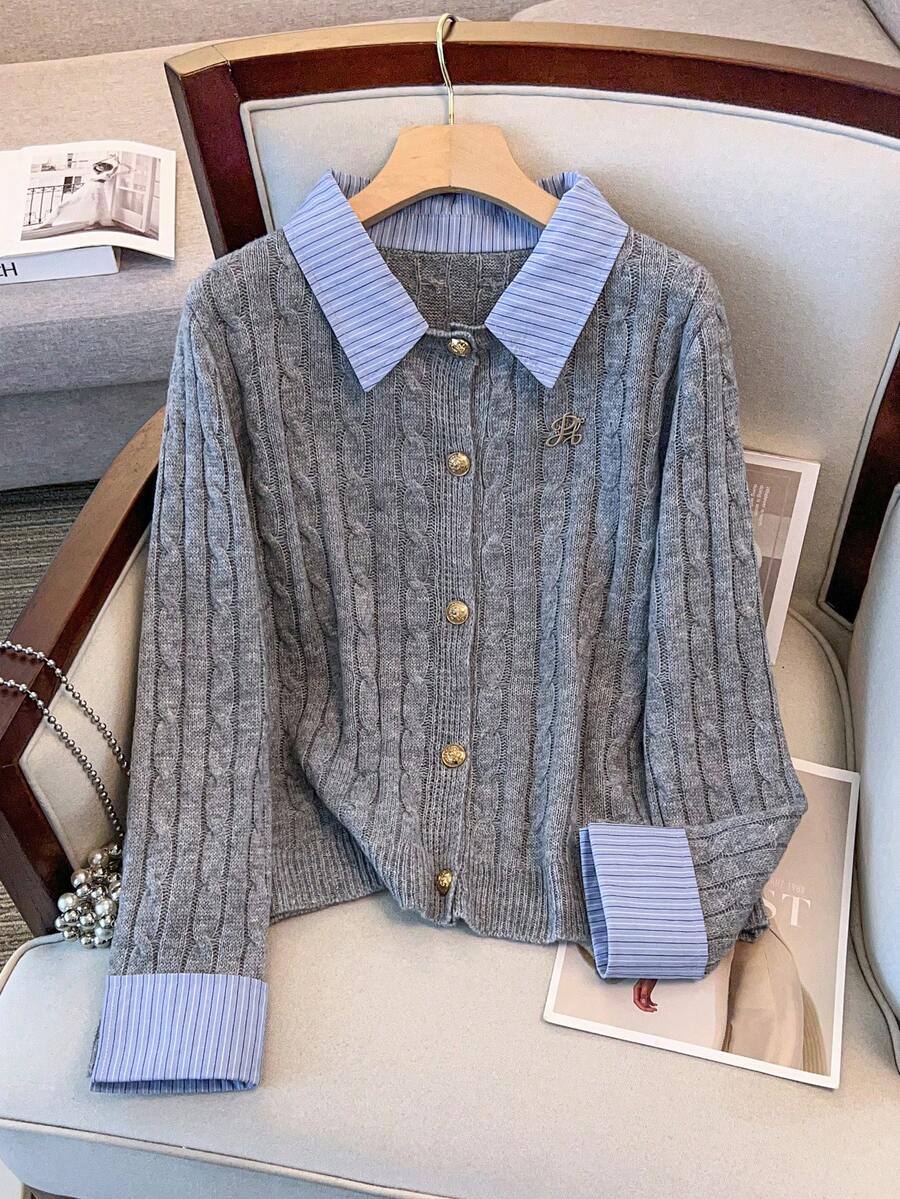 SHEIN Clasi Plus Size Sweater Blouse Collar Turn-Up Cuff Button Front Cardigan Knit Splicing 2 In 1 Set Fall Winter Cloth For Women Autumn - Grey - View 1