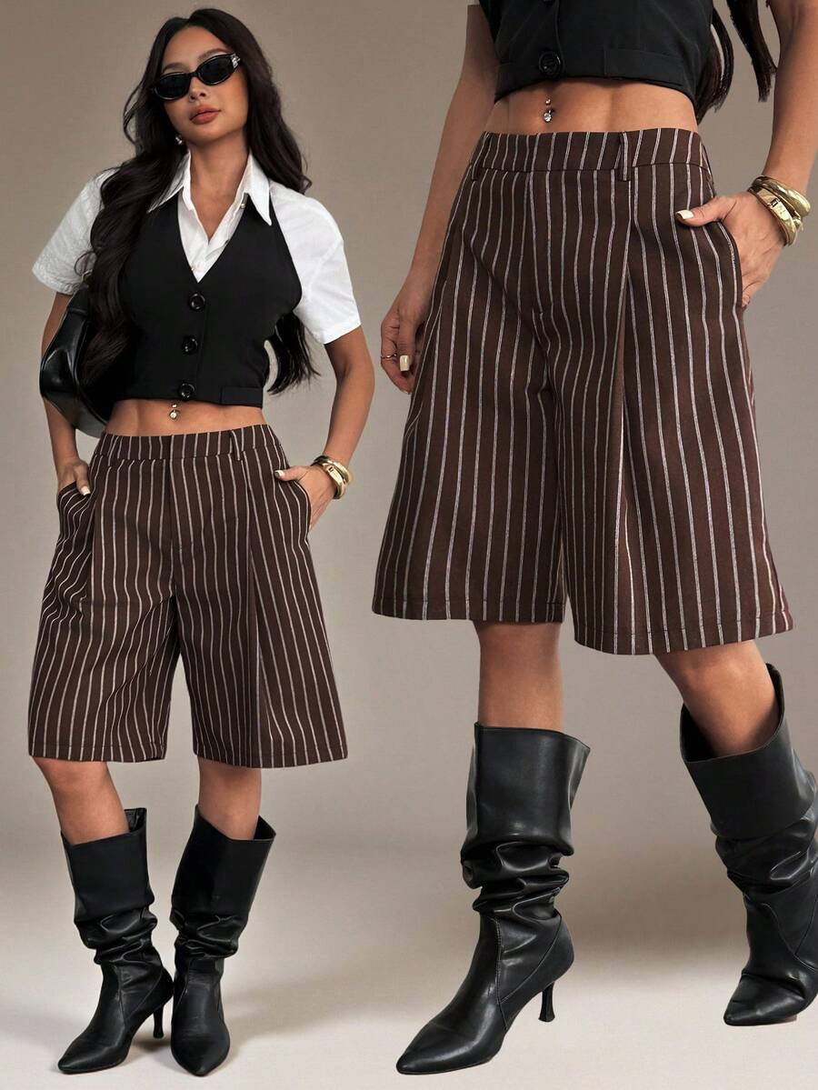 SHEIN PETITE 女款休閒百搭條紋拼接口袋短褲,適合辦公與通勤 - 棕色 - 查看 1