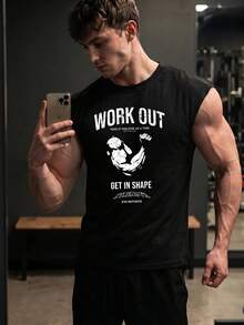 GymBeat 男士寬肩運動背心，口號印花，健身黑色 - 黑色 - 查看 7