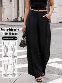 SHEIN PETITE Women's Casual Versatile Solid Color Wide Leg Long Pants Work Office Black Autumn - Black - View 12