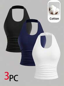 Girlism Teen Girl Teen Girls Set Of 3pcs Random Pieces (From 9 Designs): Summer Solid-Color Knitted Cropped Camisole - Multicolor - View 3