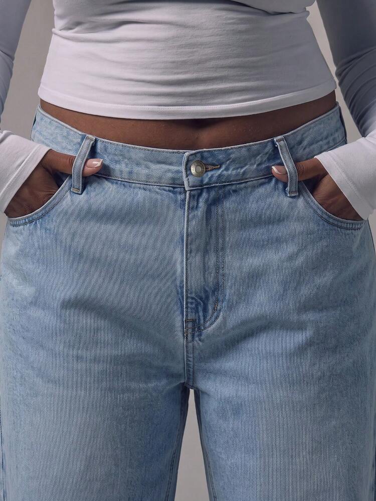 MUSERA Plus Size Contrast Stitch Wide Leg Denim Jeans Everyday Streetstyle Casual Capsule Wardrobe Flattering - Light Wash - View 2