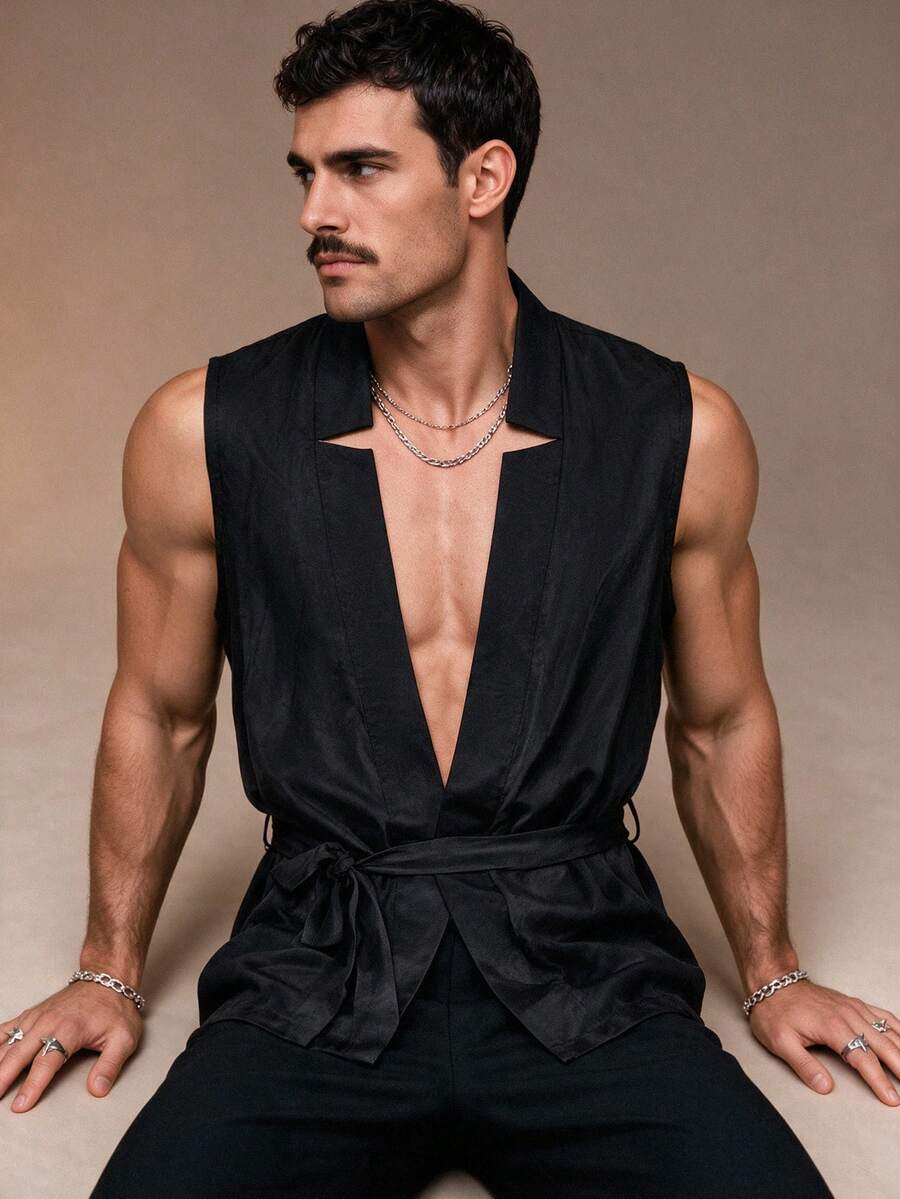 ZURIURI Men's Summer Solid Color Minimalist Sleeveless Cardigan Vest Suitable For Parties - Black - View 1