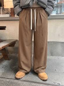 STEELVANCE 男士條紋抽繩腰寬腿休閒百搭日常穿著長褲 - 咖啡棕 - 查看 6