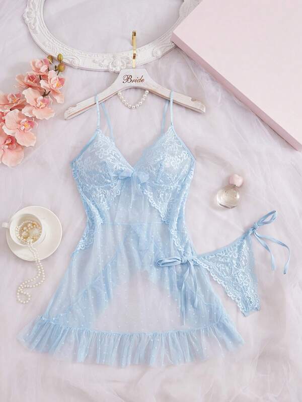 Seduluxe Women's Sexy Lace Mesh Patchwork Dress + G-String 2pcs Set