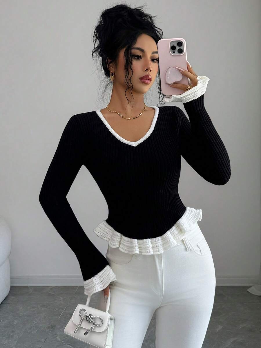 SHEIN Elenzya Women's Autumn/Winter Black & White Contrast Ruffle V-Neck Elegant Ribbed Knit Fitted Casual Base Layer Sweater - Black and White - View 1