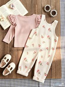 SHEIN Playful Pals 嬰幼兒男女童 0-3 歲夏季全身花卉灰粉色粉色花蕊印花時尚可愛日系燈芯絨吊帶褲套裝，胸前口袋 - 杏色 - 查看 3