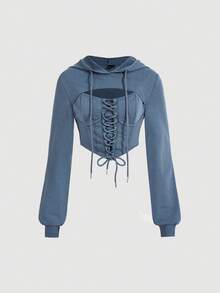 SHEIN MOD Grommet Eyelet Cutout Front High Low Hoodie,Long Sleeve Tops In Fall/Winter - Navy Blue - View 5