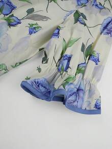 Modelyn 女士蓝色水彩印花A字腰带短袖优雅浪漫连衣裙，春夏款 - 彩色 - 查看 10