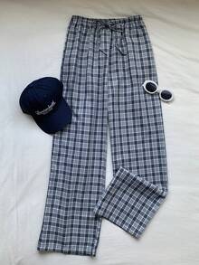 Comfortcana Women's Drawstring Waist Plaid Casual Versatile Daily Travel Long Pants - Navy Blue - View 6
