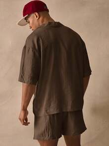 Musero Oversized Short Sleeve Deep V Neck Collared Drop Shoulder Thick Hem Linen Shirt Spring Summer Essentials Beachy Holiday - Brown - View 4