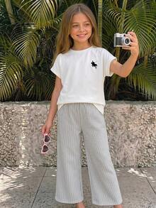 SHEIN Tween Girl Round Neck Solid Color Batwing Sleeve T-Shirt And Vertical Striped Long Pants Fashion Set - White - View 11