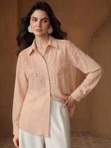 Anewsta New Elegant Heavy Embellished Studded Lace Trim Design Lapel Loose Fit Commuter Women's Blouse - Pink - View 4