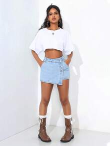 SHEIN PETITE 女款鈕扣休閒日常牛仔裙褲 - 藍白色 - 查看 6