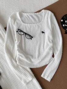 Comfortcana 女款刺繡方領長袖上衣與長褲兩件套 - 白色 - 查看 7