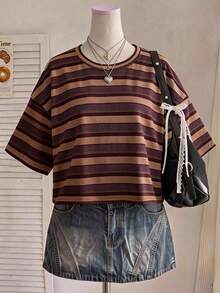 Comfortcana Yellow Solid Color Drop Shoulder Short Casual Plus Size T-Shirt - Brown - View 2