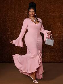 Maweii Plus Size Long Sleeve Fishtail Sweet Minimalist Sexy Ruffle Hem Dress - Pink - View 5