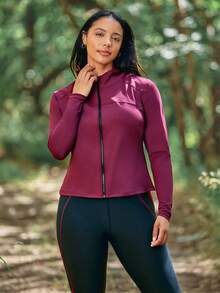 Voyena Women's Plus Size Minimalist Zipper Long Sleeve Sports Jacket Fall - Burgundy - View 6